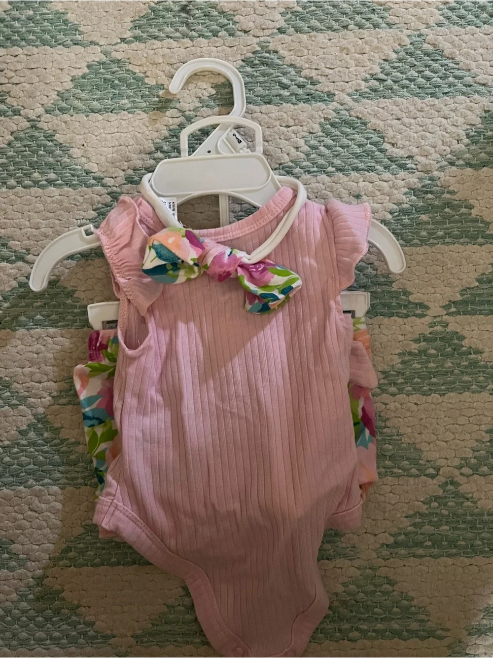 Baby Essentials Pink Ribbed One-Piece with Floral Bow Accent